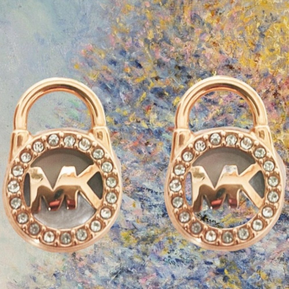 NWT MICHAEL KORS Logo Gold-Tone Pave Lock Earrings - Picture 3 of 6